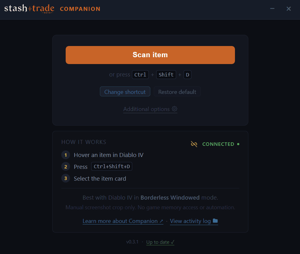 stash.trade Companion desktop app preview